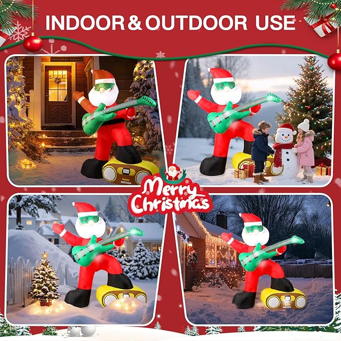 6FT Christmas Inflatables Decorations Outdoor,Blow Up Santa Claus with a Guitar with Built-in LEDs Lights for Indoor Holiday Party Yard Garden Lawn Décor