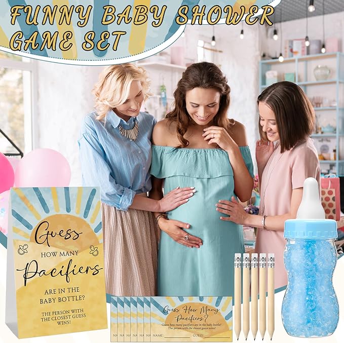 Roowest 512 Pcs Baby Shower Games Guess How Many Pacifiers Sign 100 Small Guessing Games 10 HB Pencils 750ml Milk Bottle 400 Acrylic Pacifiers Decoration for Guest Gender Reveal(Blue,The Son)