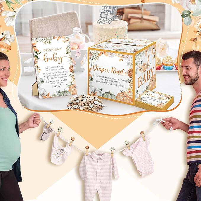 102 Pcs Baby Shower Game Supplies Diaper Raffle Tickets with Diaper Raffle Card Box Don't Say Baby Sign Mini Clothespin Shower Game Decor for Gender Reveal(Little Pumpkin)