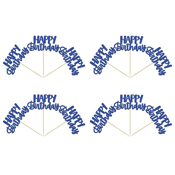 Gyufise 24 Pcs Happy Birthday Cupcake Toppers Glitter Cupcake Food Picks for Celebrating Theme Party Cake Decorations Supplies Deep Blue