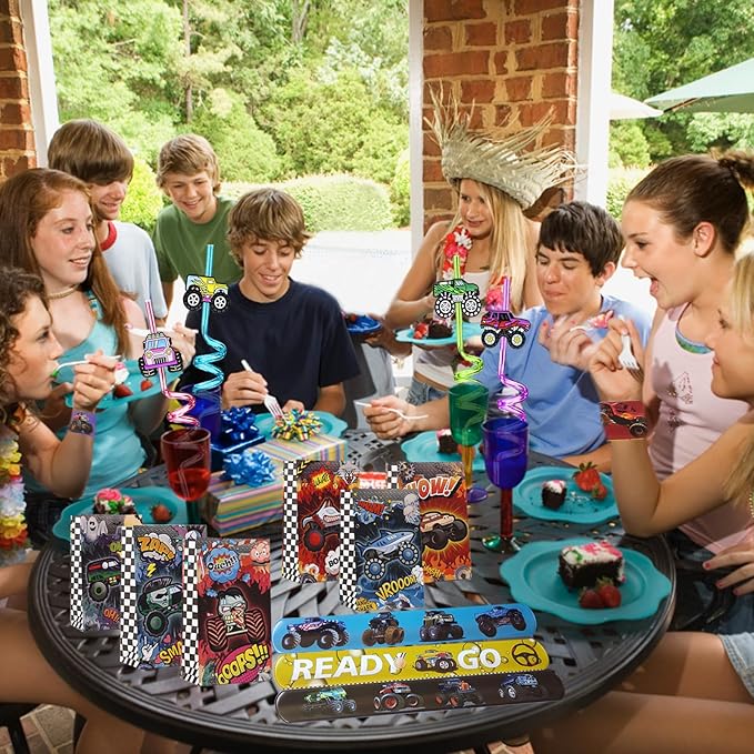 110PCS Monster Truck Party Favors Set,Monster Jam Birthday Decorations Including Truck Theme Slap Bracelets Keychains Gift Bags DIY Stickers Drinking Straws People Monster Truck Birthday Supplies
