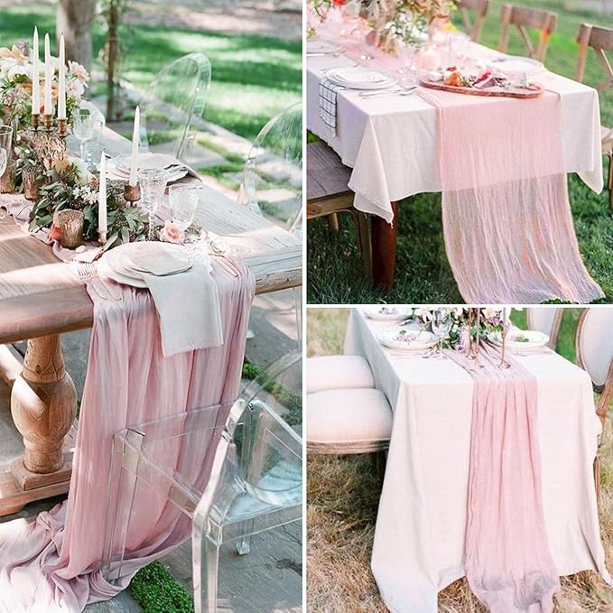 12 Pack Pink Cheesecloth Table Runner 10FT Boho Gauze Fabric Table Runner 35 x 120 Inch Rustic Sheer Runner for Centerpiece Wedding Decor Party Boho Table Decoration(Pink)