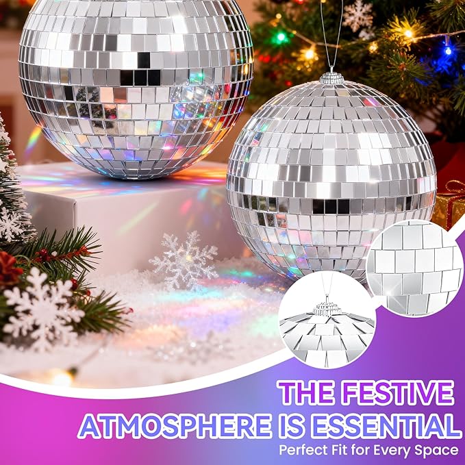 Disco Ball 4" Inch 2-Pack,Silver Hanging Ball with Attached String for Ring,Reflects Light,Fun Party Home Bands Decorations,Party Favor.