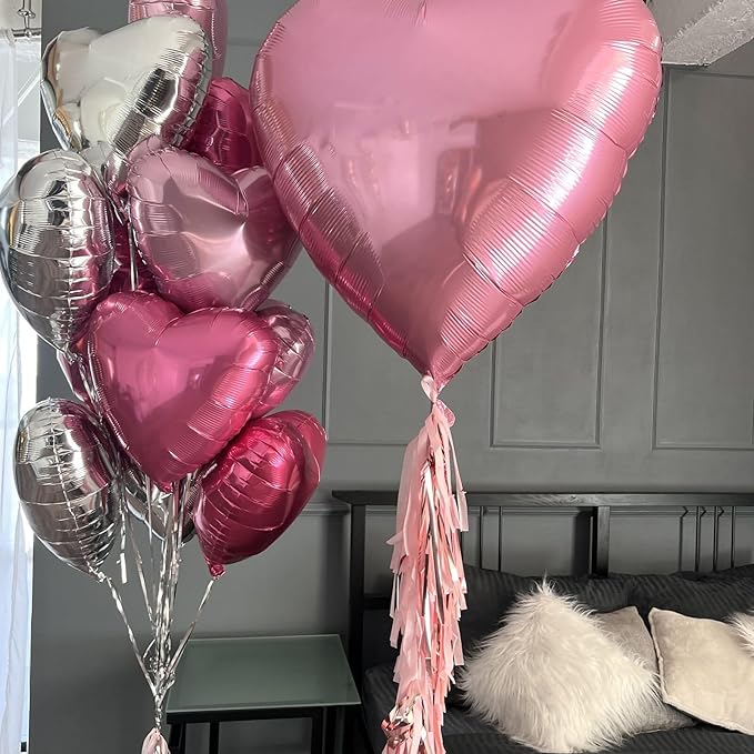 Rose Red Silver Heart Balloons, 18 Inch Light Pink and Silver Heart Shaped Balloon, 12PCS Hot Pink Helium Foil Love Balloons for Birthday Engagement Wedding Valentine Party Decorations