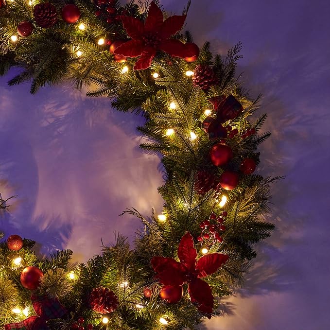 9Ft Poinsettias Pre-lit Christmas Garland 50 LED Lights Battery Operated,Holiday Decoration Fireplace Stairs Mantle Door Indoor Outdoor