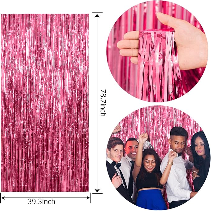 2 Pack Foil Curtain Backdrop Pink Metallic Tinsel Foil Fringe Curtains Photo Booth Props for Birthday Wedding Engagement Baby Shower Bachelorette Christmas Holiday Celebration Party Decorations