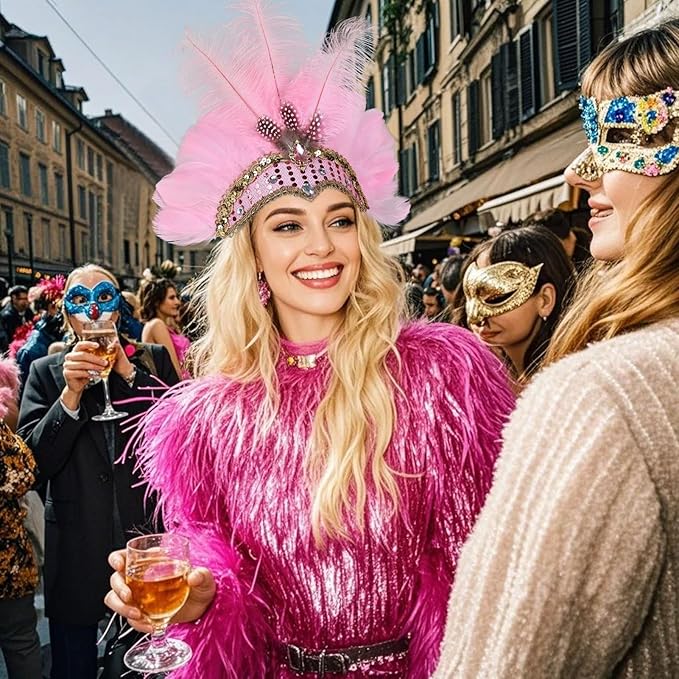 Women's Carnival Feather Headpieces Sequin Headdress for Wedding Masquerade Party Cosplay Feather Headbands