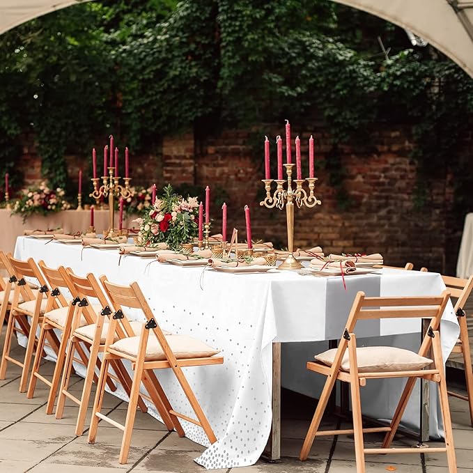 8Pack Disposable Plastic Tablecloths and Satin Table Runner Set White and Silver Dot Tablecloth Silver Satin Table Runner for Wedding Birthday Baby Shower Anniversary Christmas New Year Party Supplies