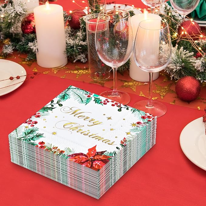 Christmas Party Paper Napkins Poinsettia Watercolor Napkins 80 Pieces Gold Foil Disposable Paper Luncheon Napkins Xmas Party Table Decorations