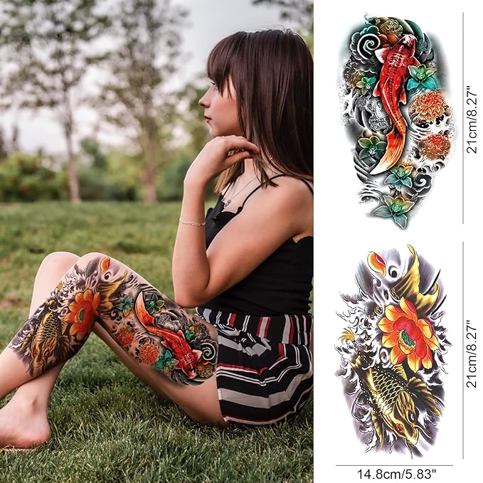 Realistic Fish Temporary Tattoo Sleeve for Women Leg, 4-Sheet Full Arm Color Fish Flower Fake Tattoo Sleeve Adult Girl and 4-Sheet Large Fish Floral Half Temp Tatoo Sticker Thigh Makeup Body Art