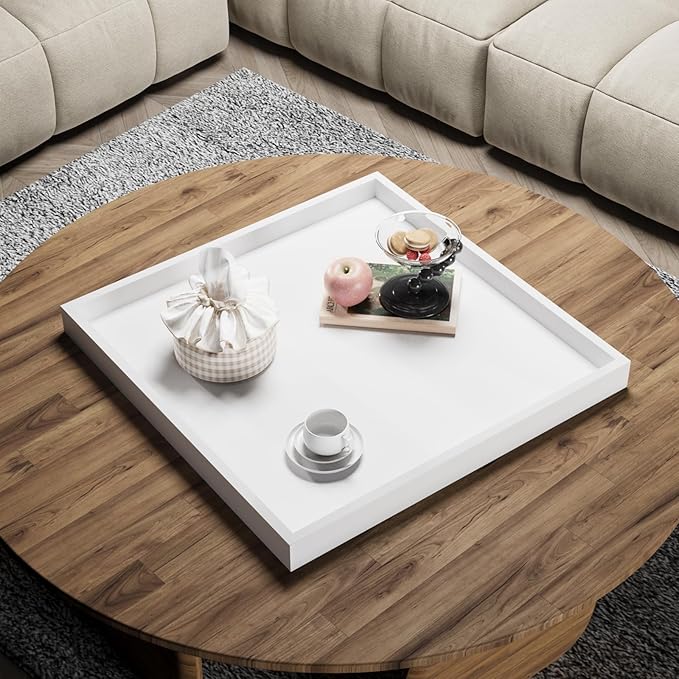 Ottoman Tray for Coffee Table Living Room Wood Serving Tray Large Wooden Square 24 Inches White