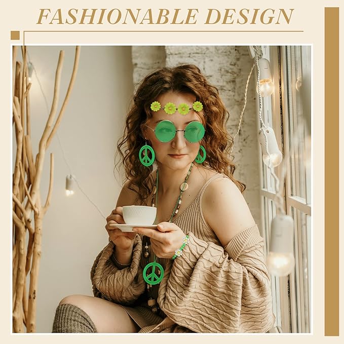 Batiyeer 6 Pcs Hippie Costume Accessories Set, Boho Peace Sign Daisy Flower 60s 70s Party Favors Decor for Groovy Party Women(Green)