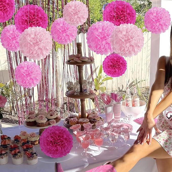 Hot Pink Tissue Pom Poms Paper Flowers Hanging Decorations Pink Flower Ball for Mother's Day Baby Shower Wedding Nursery Birthday Party Backdrop Home Outdoor