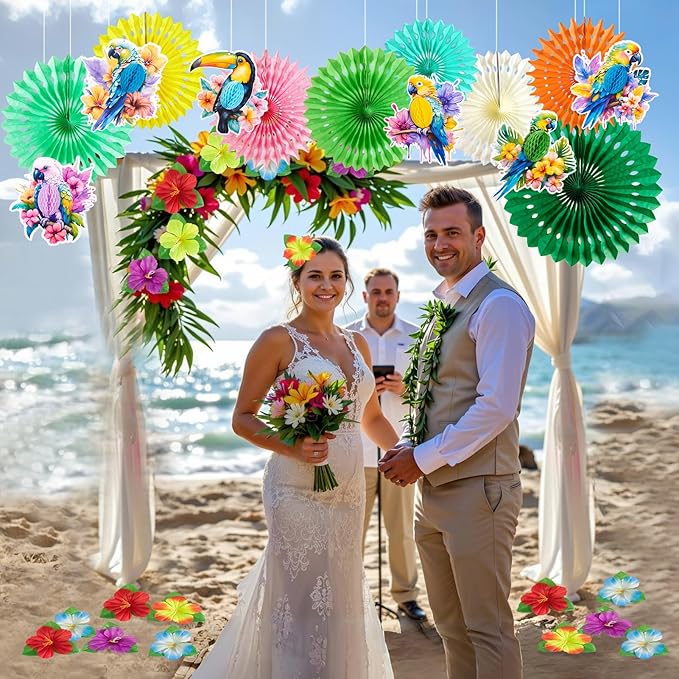 PAPER JAZZ Tropical Toucan Hibiscus Party Decorations, Hawaiian Jungle Theme Supplies, Yellow Pink Hanging Ornaments for Luau Tiki Party