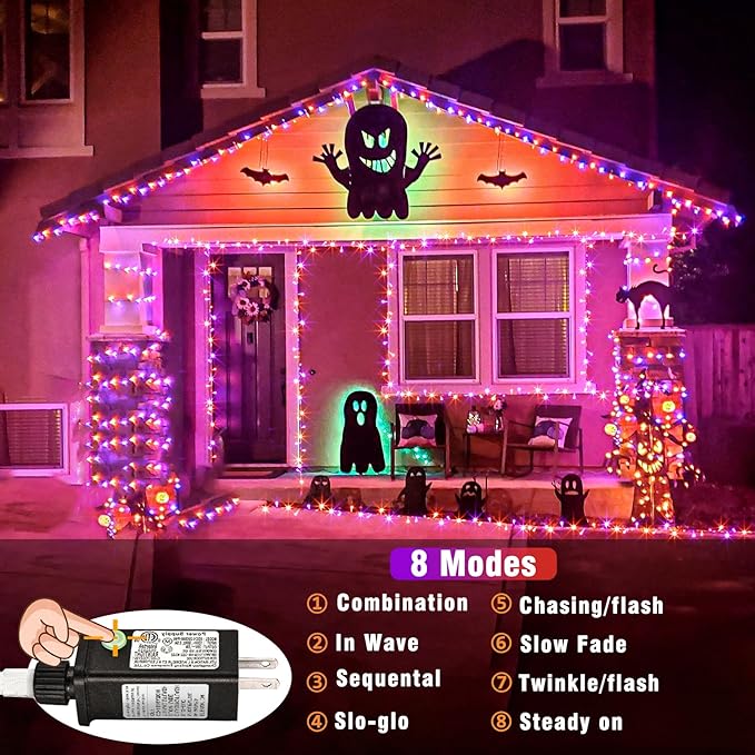 Vivideal 300 LED Christmas Lights Outdoor, 100ft Christmas String Lights Indoor Clear Wire 8 Modes Waterproof Plug in String Light for Tree Party Garden Decorations, Purple&Orange