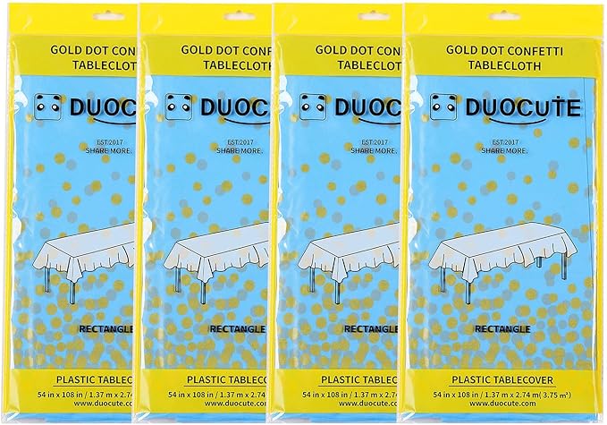 Blue and Gold Tablecloths for Party 4 Pack - 54 X 108 inch, Gold Dot Confetti Disposable Rectangular Plastic Table Cover for Baby Shower Boy Birthday Engagement Wedding Christmas BBQ Party