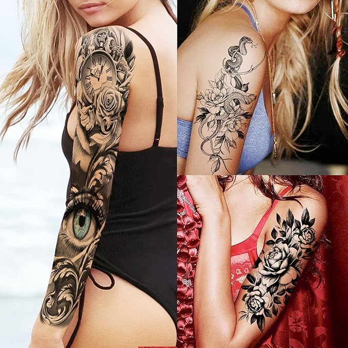 20 Sheets Sexy Rose Flower Full Arm Temporary Tattoos For Women Adults Thigh, Black Tribal Eye Gear Peony Florals Eye Compass Clock Fake Sleeve Tattoos For Women, 3D Halloween Tattoo Stickers