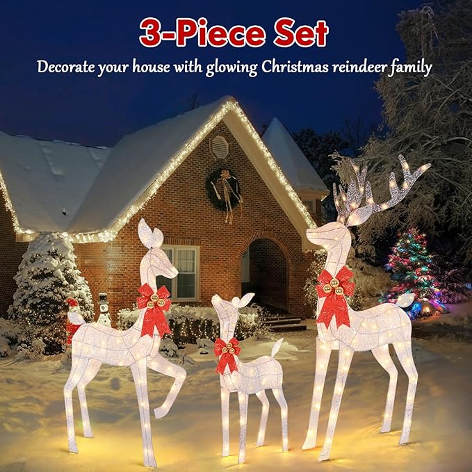 3-Piece Reindeer Outdoor Christmas Decorations, 5FT Large Pre-lit Christmas Deer Family Set, 3D Outside Holiday Yard Decoration with 260 Bright LED Lights, Stakes, Zip Ties - White