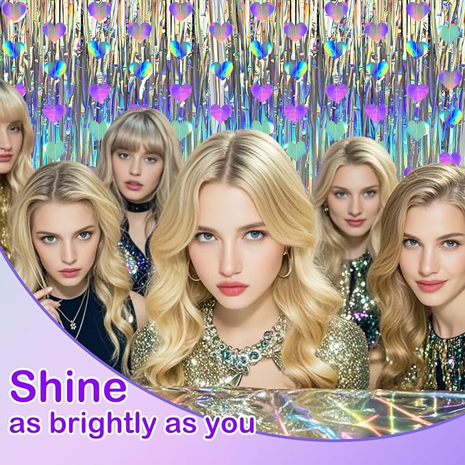 8 PCS Iridescent Disco-Holographic Party Decorations - Love-Heart Garland Streamers Banner, Disposable Laser Tablecloth, Tinsel Foil Fringe Curtains | Birthday, Bachelorette, Engagement, 90s, 80s