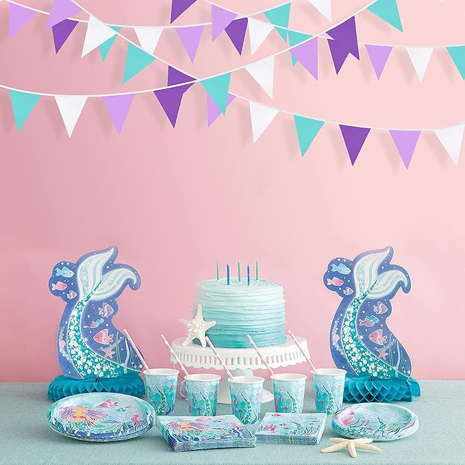 10M/32Ft Purple Aqua Blue and White Banner Decorations Triangle Flag Fabric Pennant Bunting Garland for Little Mermaid Theme Girls Birthday Wedding Bachelorette Baby Shower Under The Sea Party(36Pcs)
