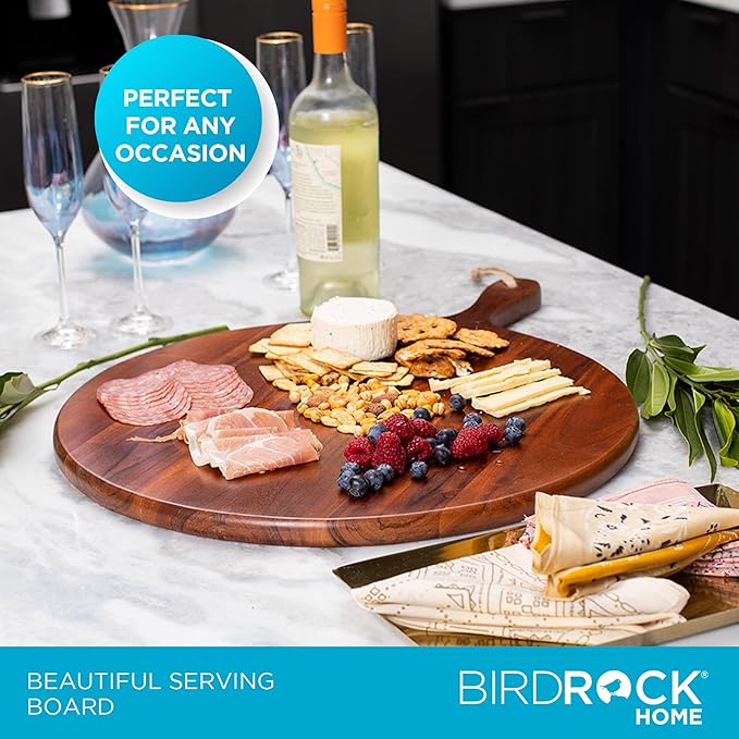 BIRDROCK HOME Acacia Wooden Cheese Serving Board with Handle - Charcuterie, Appetizers, Kitchen Platter, Grazing Board, Pizza, Meat, Bread, Cutting, Party, Food Display Tray - Espresso, 18", Round