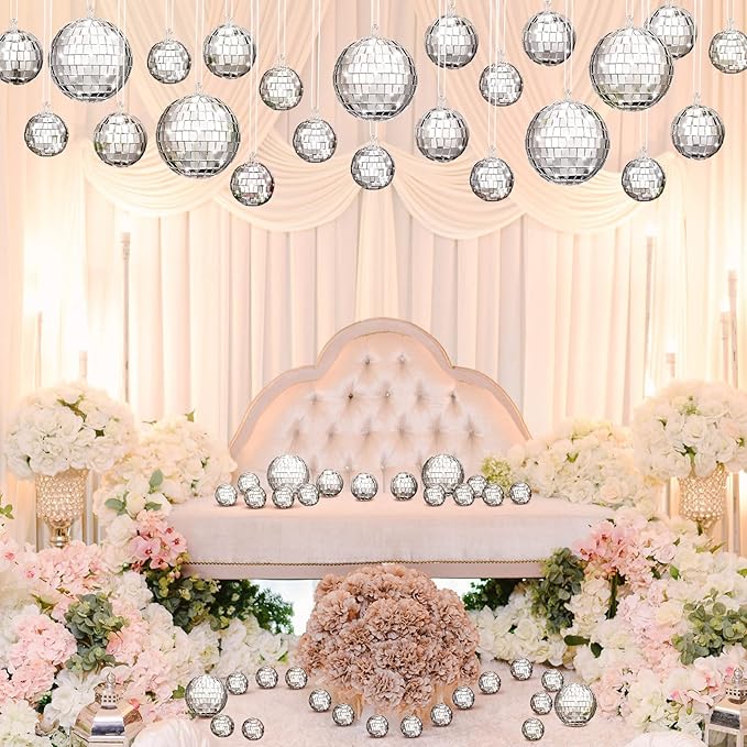 MTLEE 20 Pcs Disco Balls Decoration Mirror Disco Ball Assorted Silver Hanging Mini Glass Different Sizes Reflective with Rope for 70s Wedding Dance Music Prom Props(3.9 Inch, 3.15 Inch, 2 Inch)
