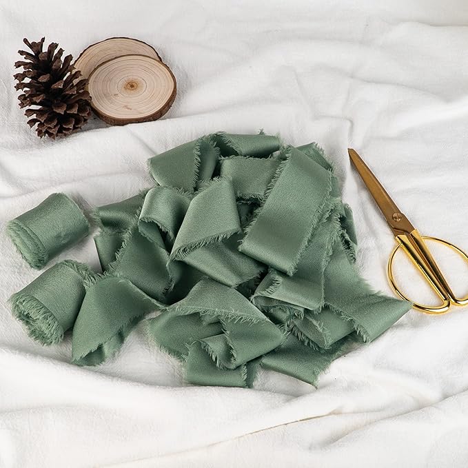 Satin Silk Ribbon, Sage Green Ribbon for Wrapping, 1-1/2 inch x 15 Yd Handmade Frayed Fringe Ribbons, for Wedding Engagement Birthday Showers Craft Flower Bouquet Invitation Decor, 3 Rolls
