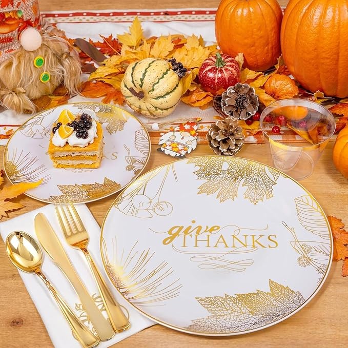 125PCS Thanksgiving Plastic Plates - Gold Disposable Dinnerware Sets - Thanksgiving Maple leaf Plates with Silverware for 25 Guests for Autumn Harvest Party Decor