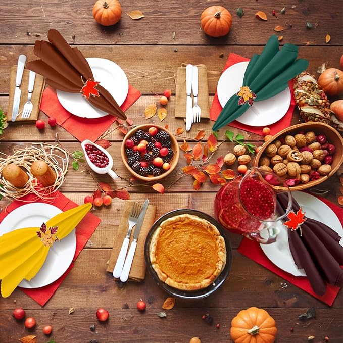 12 Pcs Fall Thanksgiving Cloth Napkin and Maple Leaves Napkin Ring Holder Buckles with Rhinestones Set for Harvest Season Thanksgiving Autumn Party Table Decorations (6 Colors)