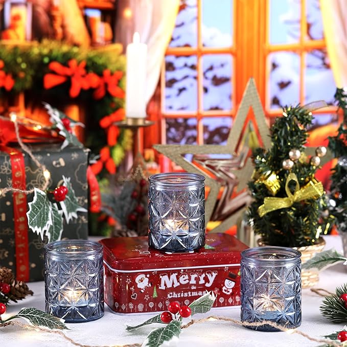 12 Pack Blue Votive Candle Holders, Vintage Blue Candle Holders, Tealight Candle Holder for Wedding Table Centerpieces, Bridal Shower, Home Decor, Birthday, Party Table Decor