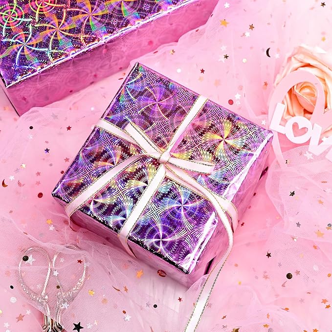 Yarcony Pink Holographic Wrapping Paper Roll, Shiny Iridescent Metallic Gift Wrapping Paper, Colorful Rainbow Valentines Wrapping Paper for Girl Birthday Party,Anniversary,Wedding (17 Inch X 33 Feet)