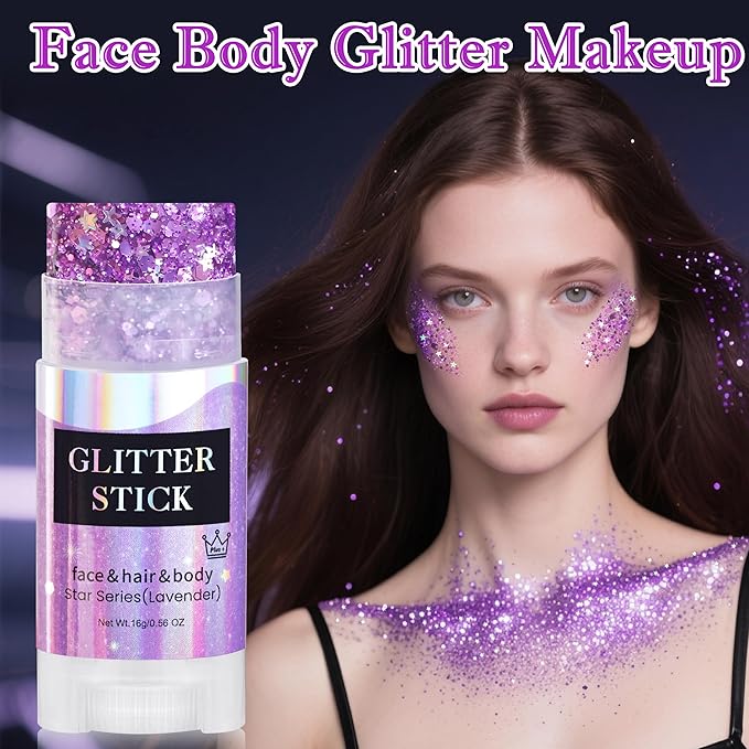MEICOLY Light Purple Hair Glitter Stick for Kids,Halloween Face Glitter Stick Spirit Week Wear,Women Costume Sparkle Chunky Glitter Makeup,Waterproof Body Glitter for Party Rave Festival