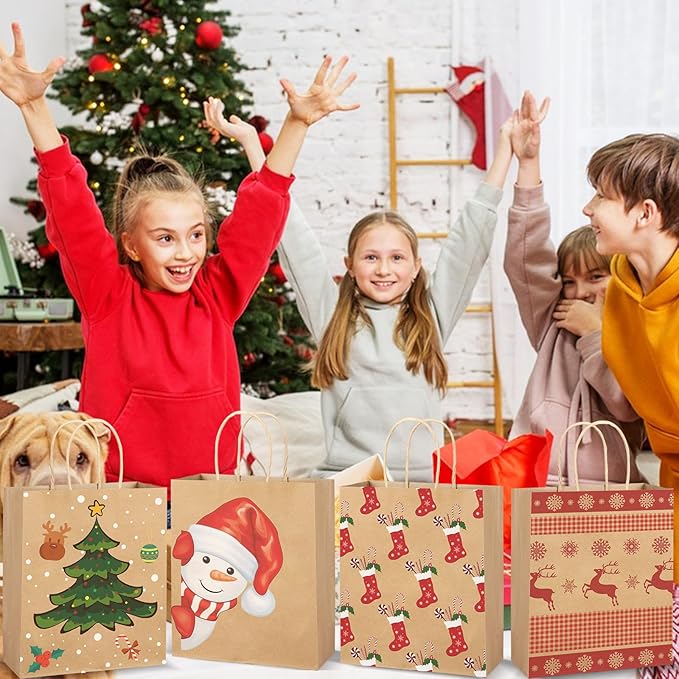 XPCARE 28 Pack Christmas Kraft Gift Bags with Handles, 9x7.5x3.5, Perfect for Holidays, Parties and Presents
