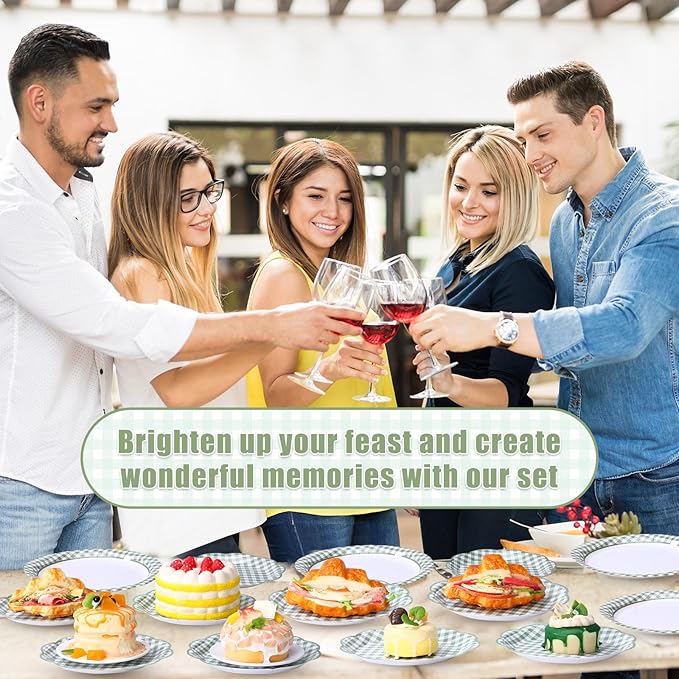250 Pcs Sage Green Gingham Paper Plates and Napkins Party Supplies Green and White Checkered Disposable Plaid Tableware Set for Wedding Bridal Shower Farmer Market Picnic Party Decorations