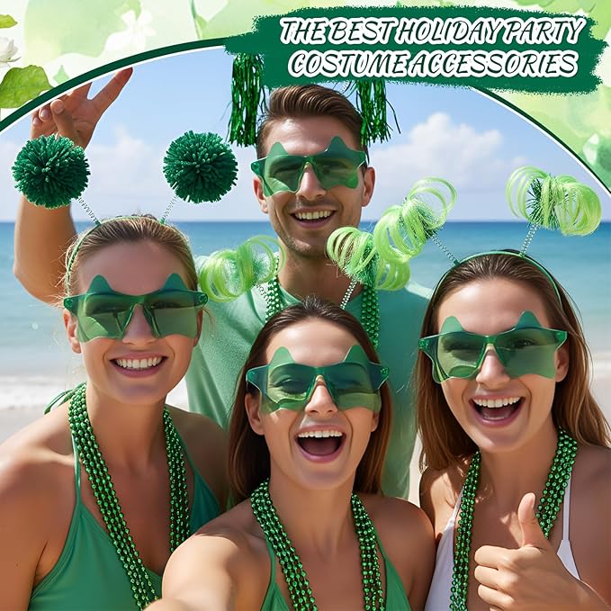 50 Pcs Green Holiday Team Spirit Party Accessories Pom Pom Party Headbands Star Shape Sunglasses Bead Necklaces Stuff Favors for Birthday Wedding Supplies(Classic)