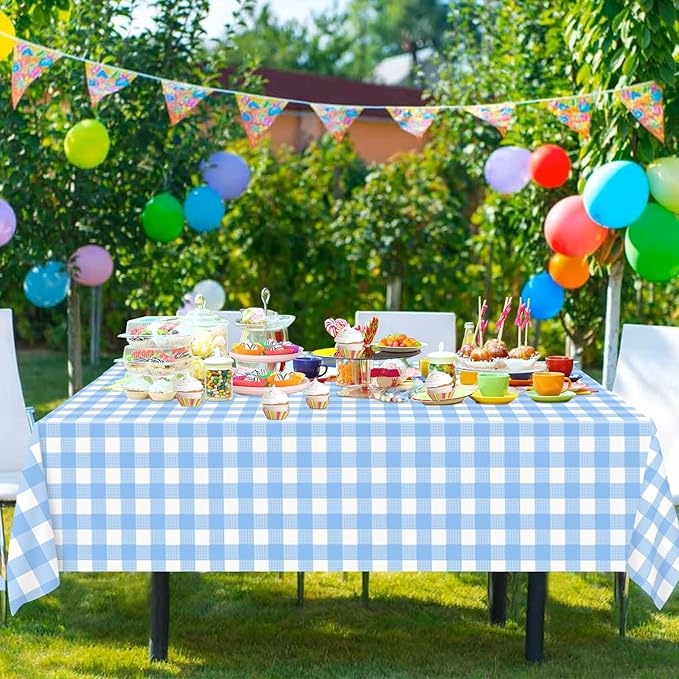 4 Pcs Light Blue Checkered Tablecloth Rectangular Pale Blue and White Gingham Tablecloths Disposable Plastic Plaid Table Cover for Parties, Outdoor Picnic, Birthday, Wedding, Camping 54 × 108 Inch