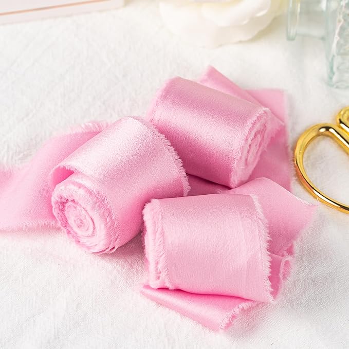 Satin Silk Ribbon, Light Pink Ribbon for Wrapping, 1-1/2 inch x 15 Yd Handmade Fabric Frayed Fringe Ribbons, for Wedding Engagement Bridal Shower Craft Flower Bouquet Invitation Decor, 3 Rolls