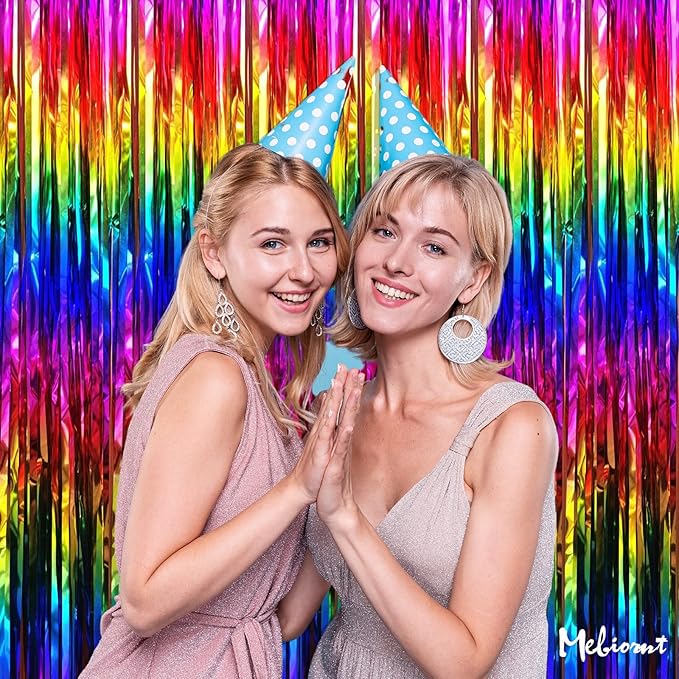 4 Pack Rainbow Fringe Curtain Backdrop, 3.2Ft x 9.8Ft Colorful Metallic Tinsel Foil Fringe Streamers for Photo Booth Birthday Wedding Baby Shower Carnival Easter Mother’s Day Party Decorations