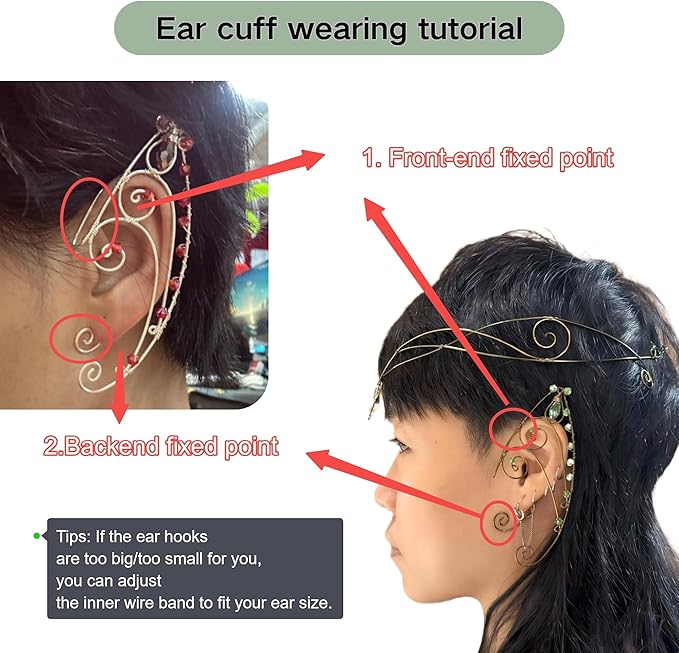 Renaissance Fairy Tale Costume Set - Elf Ear Cuff Earrings Decorative Medieval Fairy Winding Tiara Crown for Cosplay