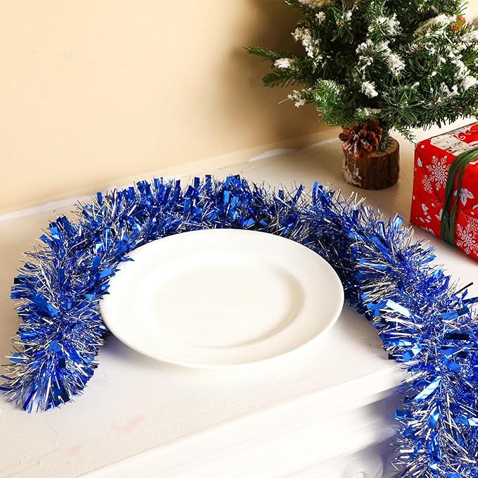 Dilunave 40 Feet Christmas Tinsel Garland Metallic Foil Twist Tinsel Garland Decoration for Christmas Tree, Wedding, Birthday and Party Hanging Decorations(Silver, Light Blue)