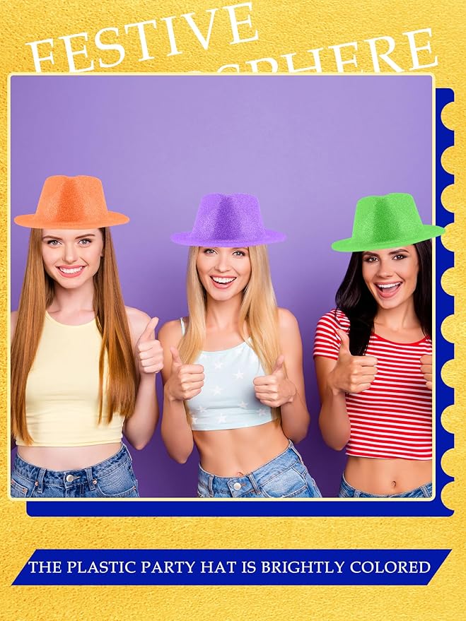 24 Pcs Neon Party Hats Bulk Plastic Fedora Party Hats Glitter Party Gangster Hats for Adult Kids Party Supplies