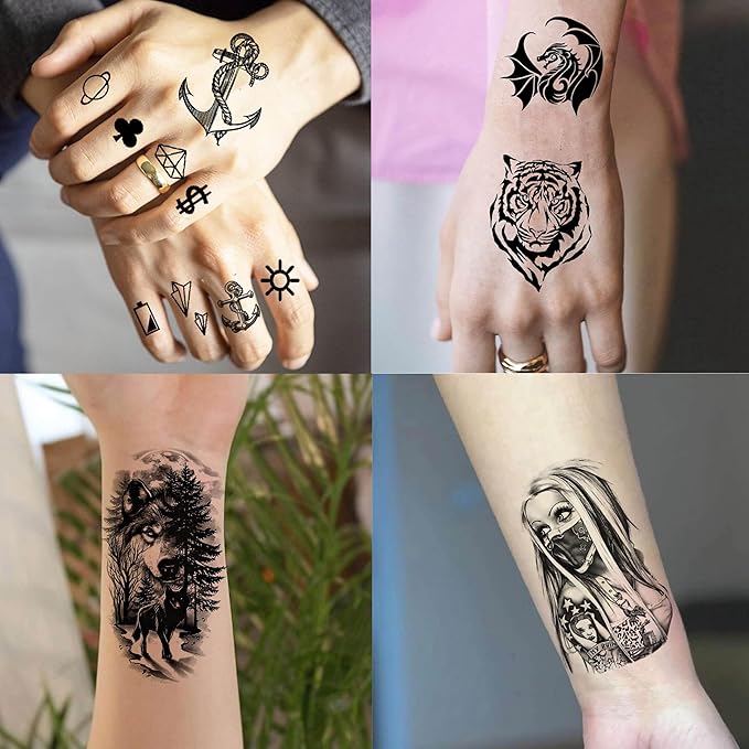 60 Sheets 3D Cool Lion Tiger Temporary Tattoos For Men Women Arm Finger Hands, Small Scary Devil Skull Skeleton Fake Tattoos For Adult Teens Halloween, Black Wolf Dragon Realistic Tatoo Sticker