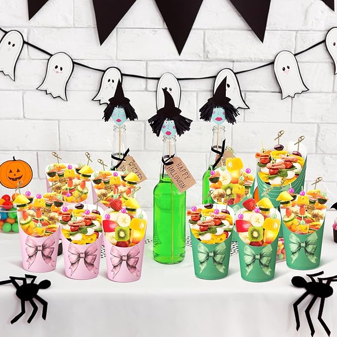 Tioncy 250 Pcs Charcuterie Cups with Cocktail Picks Sets, Bridal Shower Decoration 50 Charcuterie Cups with 200 Sticks for Wedding Baby Shower Floral Boho Witch Party Decorations(Pink Green,Witch)