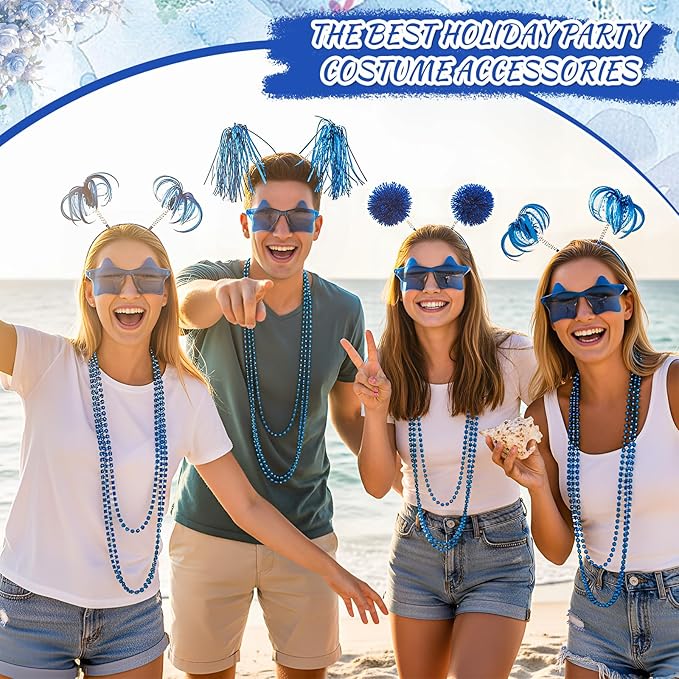 50 Pcs Blue Holiday Team Spirit Party Accessories Pom Pom Party Headbands Star Shape Sunglasses Bead Necklaces Stuff Favors for Birthday Wedding Supplies(Classic)
