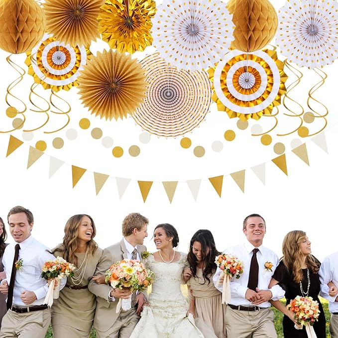 White Gold Bridal-Shower Engagement Party-Decorations - 33pcs Banner,Streamers Tassel Garland,Tissue Pom Poms Honeycomb,Paper Lantern Fans,Christmas Wedding Bachelorette Baby Birthday Decor Hugtmr