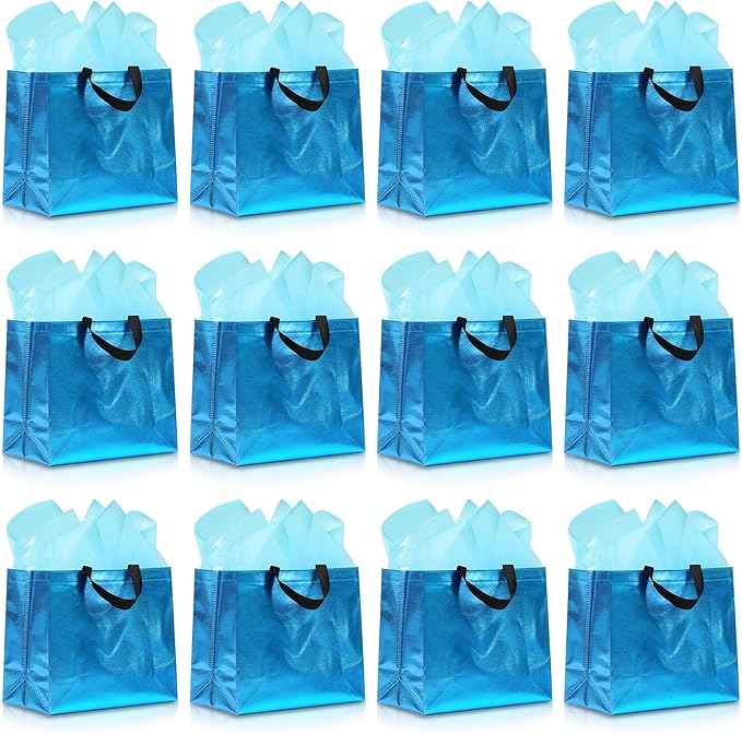 KeerxunBag 12Pcs Reusable Gift Bags(Includes Tissue Paper) Gift bag with handle Birthdays Parties Holidays Weddings Medium 13x5x11in cyan Bags