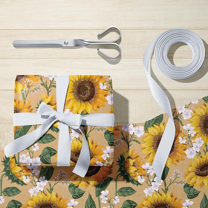 WRAPAHOLIC Kraft Floral Wrapping Paper Roll - Mini Roll - 17 Inch x 9.8 Feet - Sunflower Wrapping Paper, Perfect for Wedding, Birthday, Bridal Shower, Tea Party