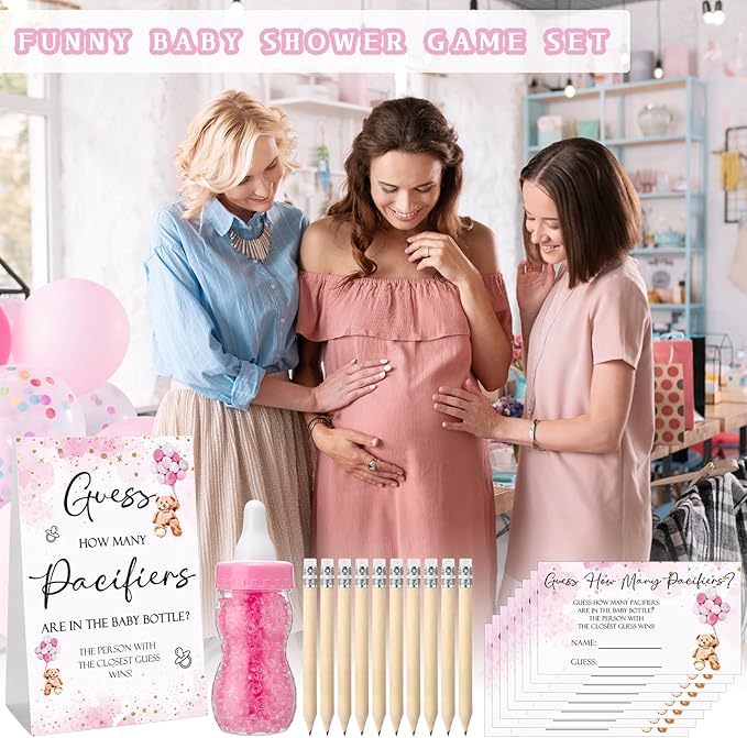 Roowest 512 Pcs Baby Shower Games Guess How Many Pacifiers Sign 100 Small Guessing Games 10 HB Pencils 750ml Milk Bottle 400 Acrylic Pacifiers Decoration for Guest Gender Reveal(Pink,Bear)