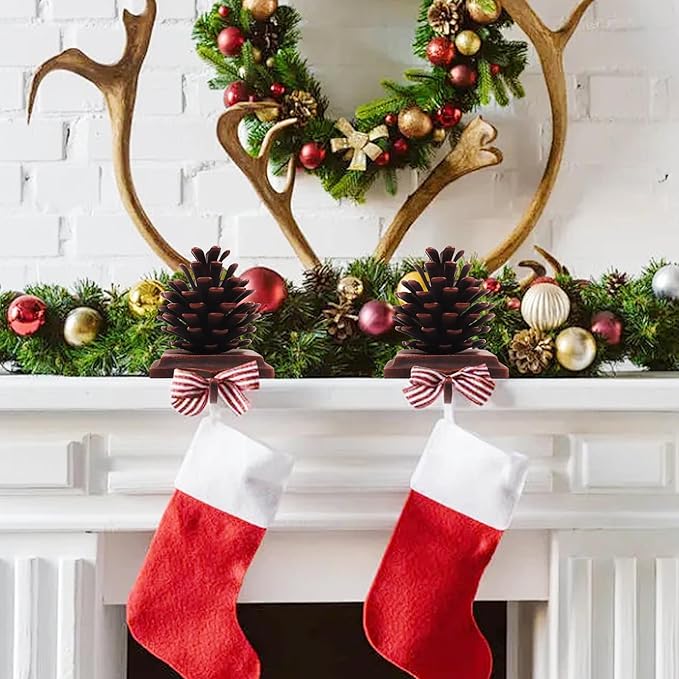 JUSTOTRY New Pine Cones Christmas Stocking Holder Set of 2 with Non-Skid Retro Brown Stocking Hangers for Mantel Fireplace Christmas Indoor Home Decor Gifts Xmas Decorations