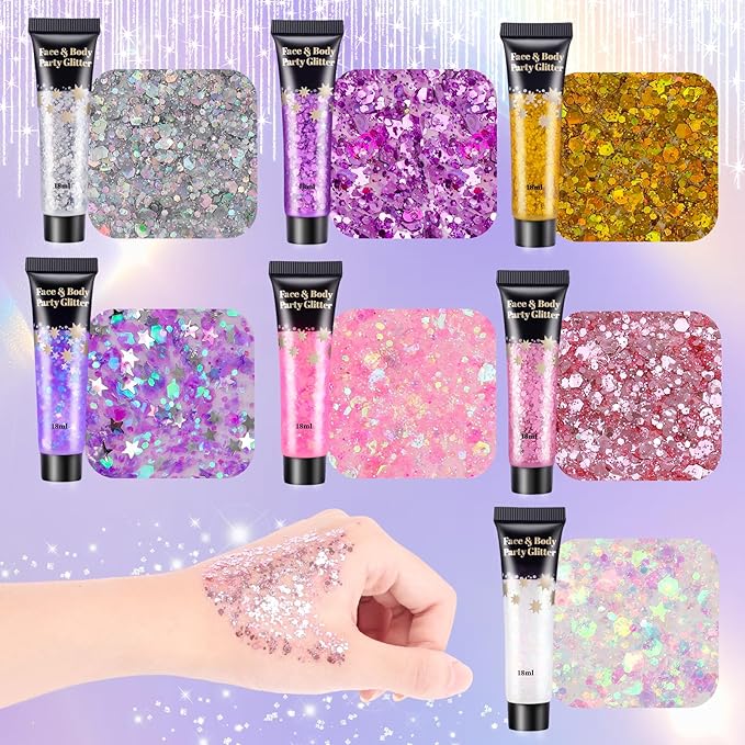 AROIC Kids Unicorn Hair Glitter,14Pcs Body &Face Shimmering Glitter Gel Set,Fairy Costume Sparkle Makeup for Girls,Holographic Sparkle Face Paint for Festivals Princess Birthday Party Gifts (7 Colors)